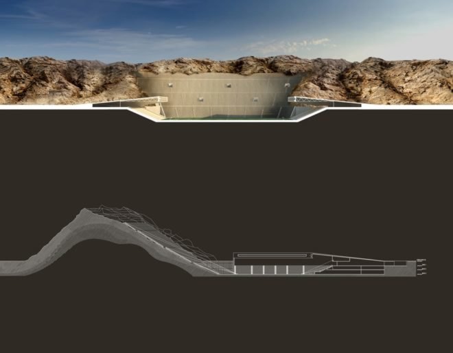 sports stadium, green architecture, desert, MZ architects, underground stadium, Al ain, al ain stadium