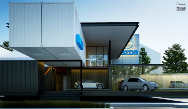 Mazda Container Showroom, Site Specific Experiment, cargotecture, shipping container dealership, site specific