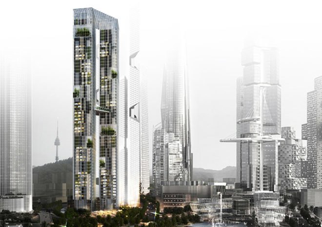 Yongsan International Business District, green design, eco design, sustainable design, Seoul, Korea, Muphy/Jahn, double skinned facade, sky forest, Pentimonium, Daniel Libeskind,