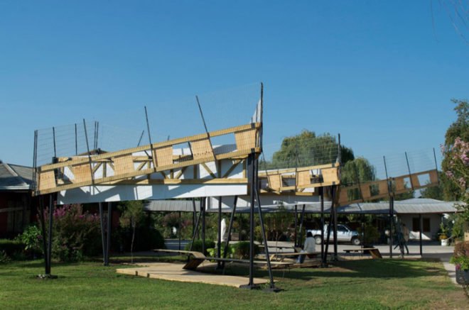 Adolfo Nicolás Moyano Retamal, green cloud, nube verde, outdoor canopy, outdoor pavilion, green pavilion, living pavilion, plant bearing canopy, nature and the elderly, architecture for the elderly, landscape architecture, retirement home architecture