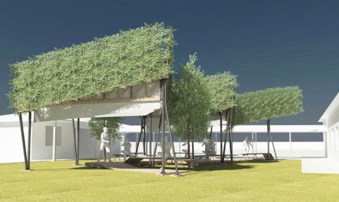 Adolfo Nicolás Moyano Retamal, green cloud, nube verde, outdoor canopy, outdoor pavilion, green pavilion, living pavilion, plant bearing canopy, nature and the elderly, architecture for the elderly, landscape architecture, retirement home architecture