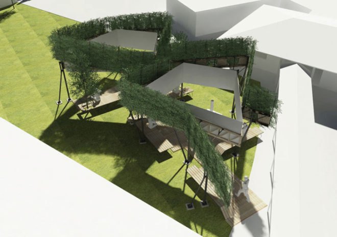 Adolfo Nicolás Moyano Retamal, green cloud, nube verde, outdoor canopy, outdoor pavilion, green pavilion, living pavilion, plant bearing canopy, nature and the elderly, architecture for the elderly, landscape architecture, retirement home architecture