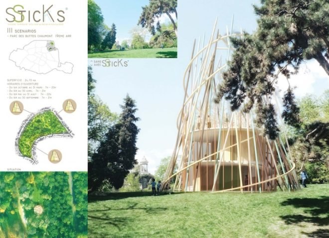 Djuric Tardio, Sticks, kindergartens, bioclimatic design, prefabricated design, modular design, small footprint, green design, sustainable design, eco-design, urban parks, planning law, Paris, sustainable development, natural materials