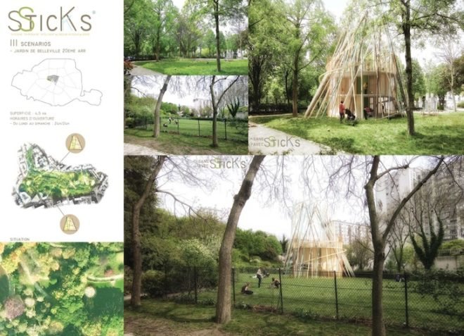 Djuric Tardio, Sticks, kindergartens, bioclimatic design, prefabricated design, modular design, small footprint, green design, sustainable design, eco-design, urban parks, planning law, Paris, sustainable development, natural materials