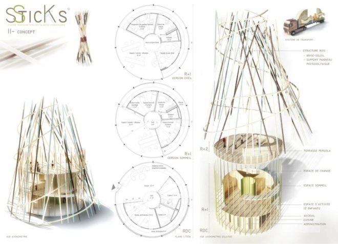 Djuric Tardio, Sticks, kindergartens, bioclimatic design, prefabricated design, modular design, small footprint, green design, sustainable design, eco-design, urban parks, planning law, Paris, sustainable development, natural materials