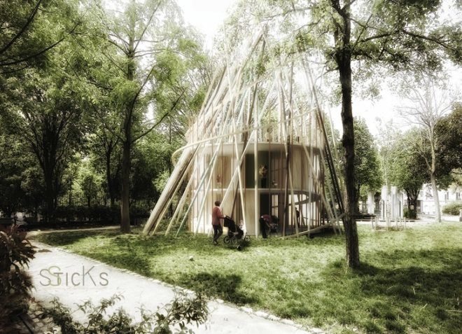 Djuric Tardio, Sticks, kindergartens, bioclimatic design, prefabricated design, modular design, small footprint, green design, sustainable design, eco-design, urban parks, planning law, Paris, sustainable development, natural materials