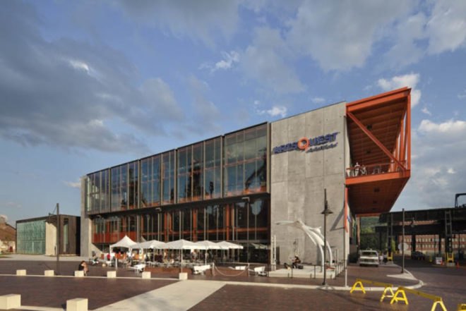 ArtsQuest Center, Spillman Farmer Architects, pre-cast concrete panels, glass, steel, International Orange, Pennsylvania, Bethlehem Corporation, arts center, culture hub, Architecture, Art, recycled building