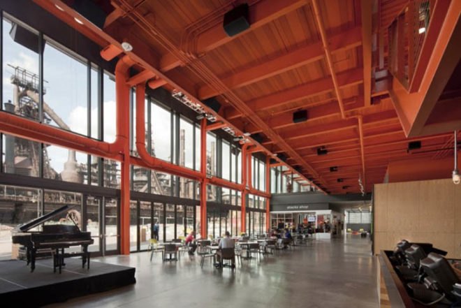 ArtsQuest Center, Spillman Farmer Architects, pre-cast concrete panels, glass, steel, International Orange, Pennsylvania, Bethlehem Corporation, arts center, culture hub, Architecture, Art, recycled building