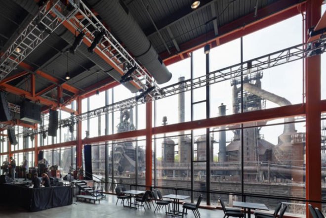 ArtsQuest Center, Spillman Farmer Architects, pre-cast concrete panels, glass, steel, International Orange, Pennsylvania, Bethlehem Corporation, arts center, culture hub, Architecture, Art, recycled building