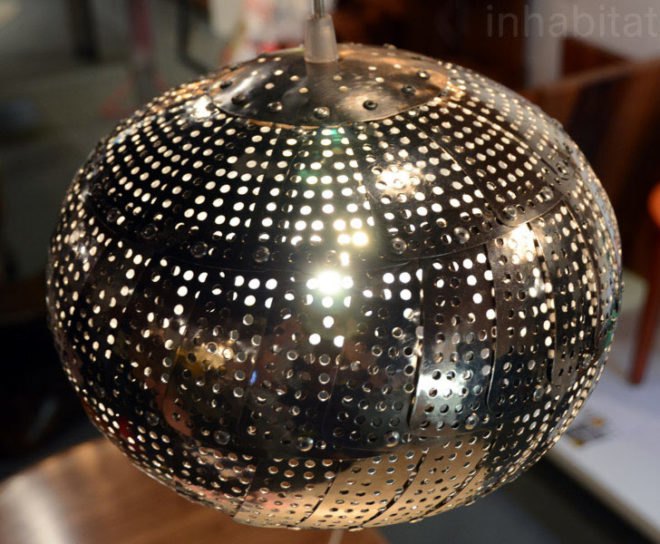 colander light, Nadia Belalia, colander lamp, green lighting, steampunk light,