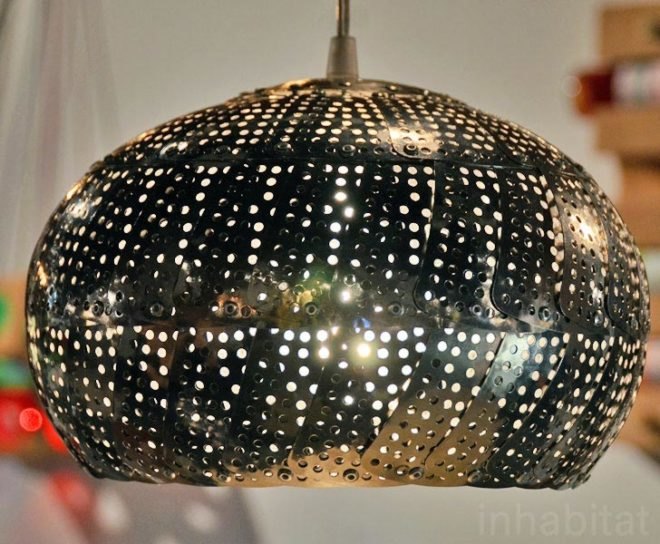 colander light, Nadia Belalia, colander lamp, green lighting, steampunk light,