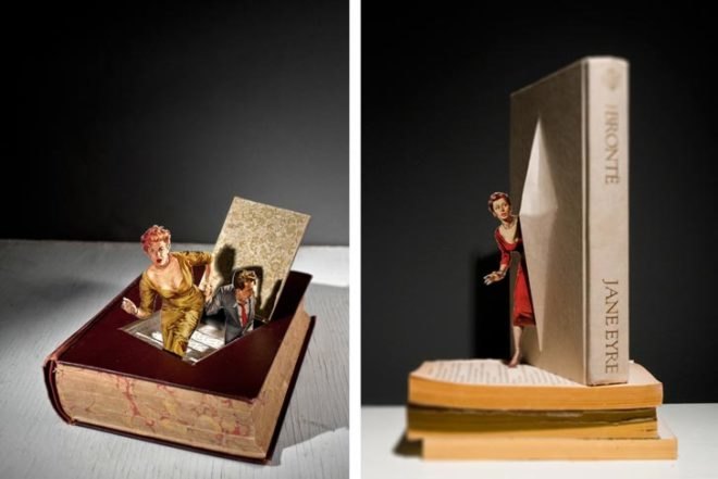Thomas Allen, American artist, pop-up books, vintage classics, pulp-fiction, Gibson Gallery, Foley Gallery, paper cutting, mini-dioramas, Art, recycled books