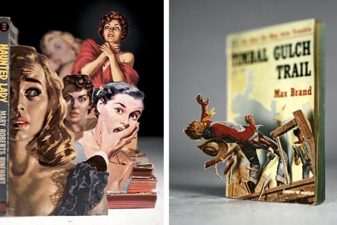 Thomas Allen, American artist, pop-up books, vintage classics, pulp-fiction, Gibson Gallery, Foley Gallery, paper cutting, mini-dioramas, Art, recycled books