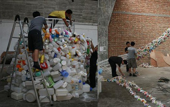 green design, eco design, sustainable design, recycle art, recycled plastic bottles, Thrown to the WInd, recycled plastic bottle tower, Wang Zhiyuan, Chinese artists, Beijing Artists
