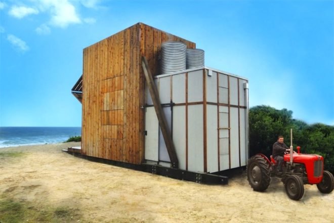 Crosson Clarke Carnachan Architects, Whanapoua Sled house, sleds, beach, New Zealand, natural materials, grey water recycling, rising seas, climate change, green design, sustainable design, eco-design, modular design