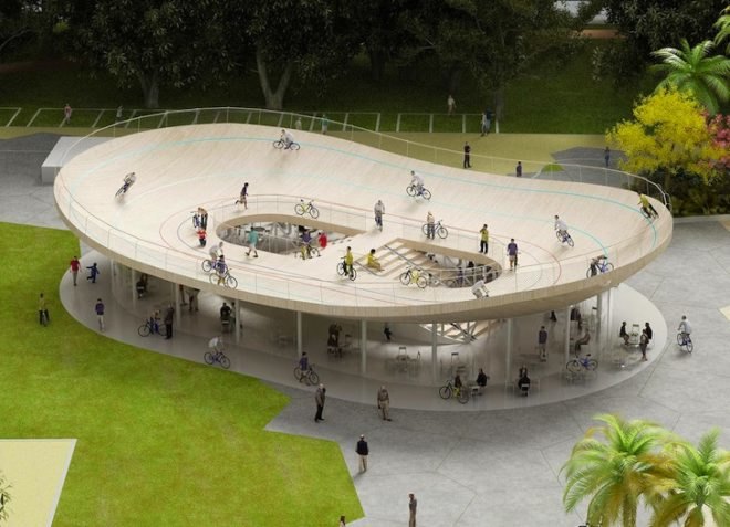 NL Architects, Bike Pavilion, Velodrome, urban design, China, Hainan Province, VANKE, Netherlands, cycling, green design, sustainable design, eco-design, bicycles, shade, tropics, China