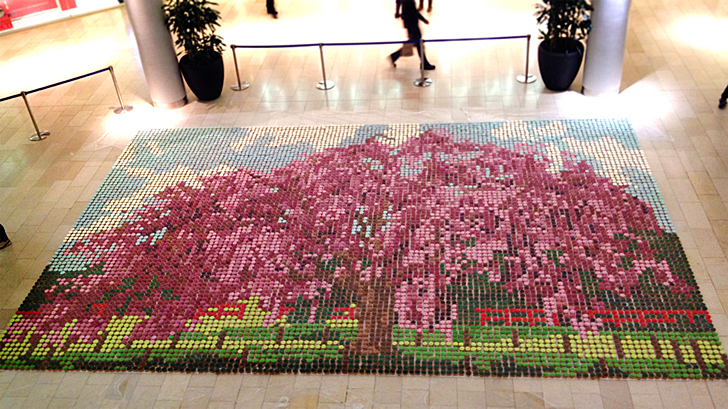 cherry blossom mosaic, cupcakes and doilies, cupcake mosaic, baked goods, edible artwork, sustainable design, green art, food art