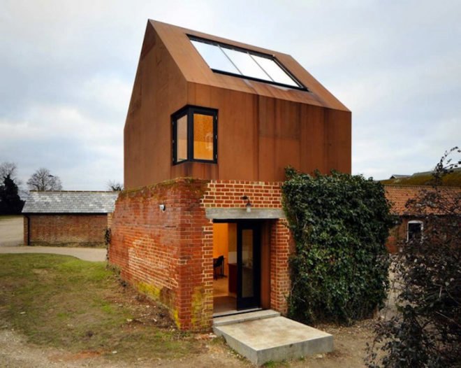 Haworth Tompkins, dovecoat, Dovecote Studio, prefab shelter, suffolk, Aldeburgh Music School, victorian ruins, red bricks, Prefab Housing, Green Lighting, Sustainable Building