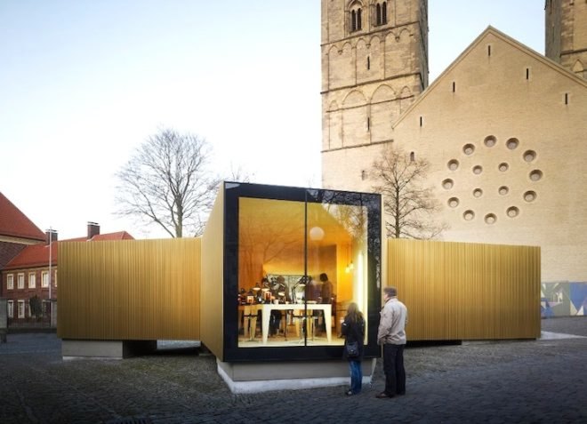 Modulorbeat, temporary construction, golden glory, bicycle capital of Germany, Muster, gilded pavilion, gold, urban design, green design, sustainable design, eco-design, Germany, temporary design, art, culture