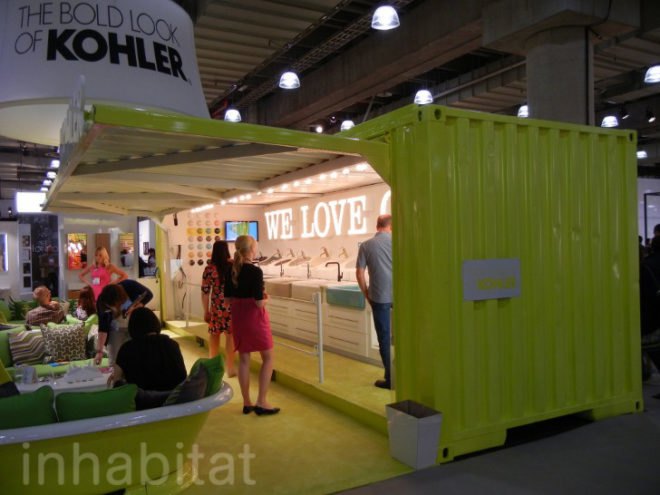 “green furniture”, design week, eco design, green design, ICFF, International Contemporary Furniture Fair, new york design week, recycled furniture, sustainable design, kohler, kohler booth, kohler booth at icff, kohler shipping container, shipping container, recycled shipping container, shipping container event space, retrofitted shipping container, shipping container display