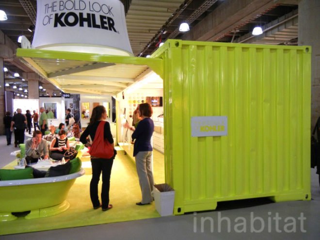 “green furniture”, design week, eco design, green design, ICFF, International Contemporary Furniture Fair, new york design week, recycled furniture, sustainable design, kohler, kohler booth, kohler booth at icff, kohler shipping container, shipping container, recycled shipping container, shipping container event space, retrofitted shipping container, shipping container display