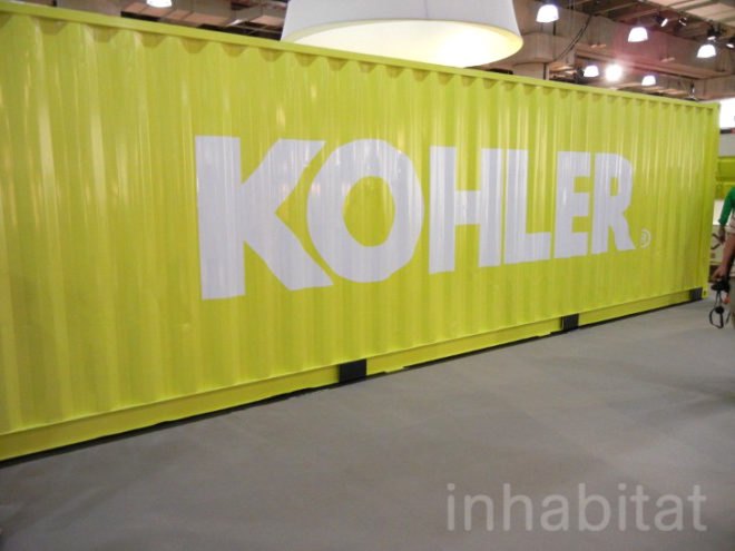 “green furniture”, design week, eco design, green design, ICFF, International Contemporary Furniture Fair, new york design week, recycled furniture, sustainable design, kohler, kohler booth, kohler booth at icff, kohler shipping container, shipping container, recycled shipping container, shipping container event space, retrofitted shipping container, shipping container display
