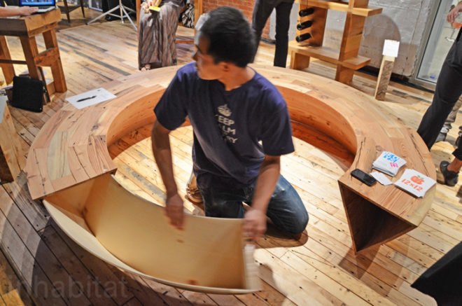 Round and Round Bench, Louis Lim, 12x12, wanted design, reclaimed wood, reclaimed nyc building wood, sustainable furniture, green furniture, new york design week, nyc design week 2012, sustainable design, green design