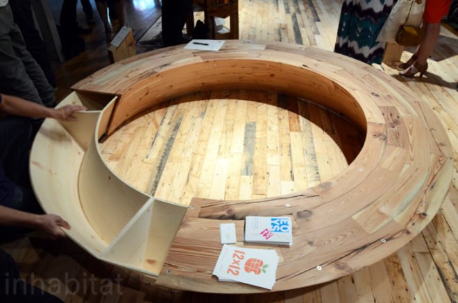 Round and Round Bench, Louis Lim, 12x12, wanted design, reclaimed wood, reclaimed nyc building wood, sustainable furniture, green furniture, new york design week, nyc design week 2012, sustainable design, green design