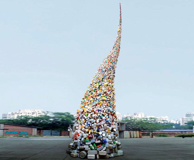 green design, eco design, sustainable design, recycle art, recycled plastic bottles, Thrown to the WInd, recycled plastic bottle tower, Wang Zhiyuan, Chinese artists, Beijing Artists