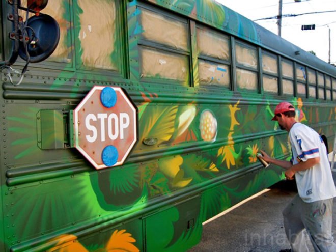 Breakwater Middle School, Tim Clorius, Paint School Buses, Street Art, Friday Artwalk, Portland, Maine, Old school buses, Aerosol Art