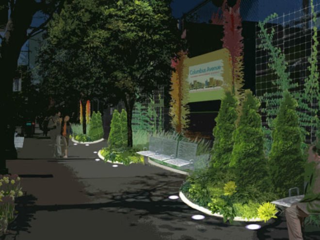 Green makeover, streetscape, solar streetscape, Columbus Avenue Business Improvement District, DOT, BID, Department of Transportation, rainwater, solar lighting, green block, Upper West Side, green manhattan, eco-friendly features, solar panels, landmark preservation commission,
