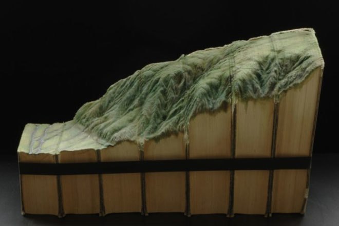 Guy Laramee, Guan Yin, book carvings, mountains, topographic, recycled books, art, Recycled Materials