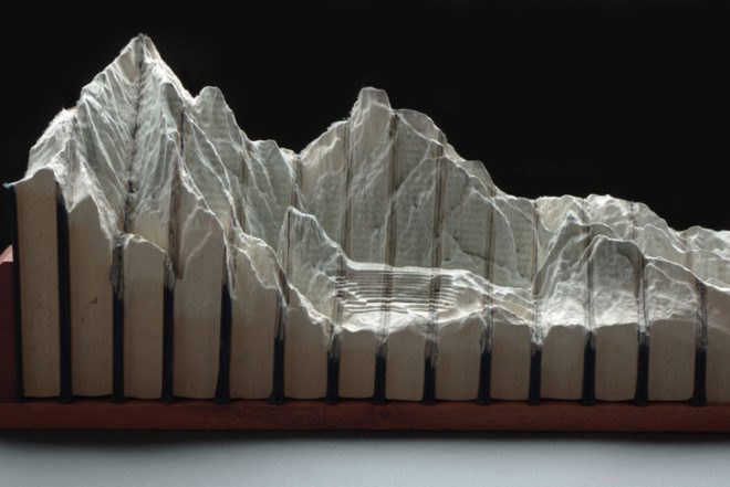 Guy Laramee, Guan Yin, book carvings, mountains, topographic, recycled books, art, Recycled Materials