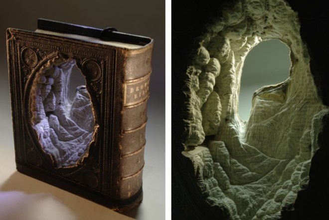 Guy Laramee, Guan Yin, book carvings, mountains, topographic, recycled books, art, Recycled Materials