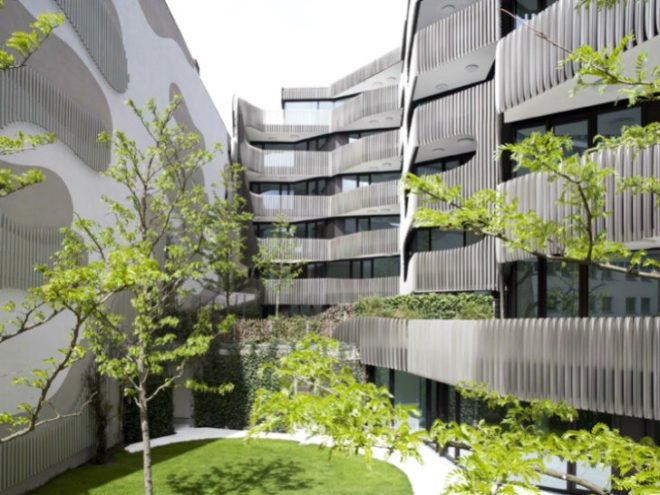 JOH3, J. Mayer H., berlin, residential building, green roof, louvered facade, sun shading,