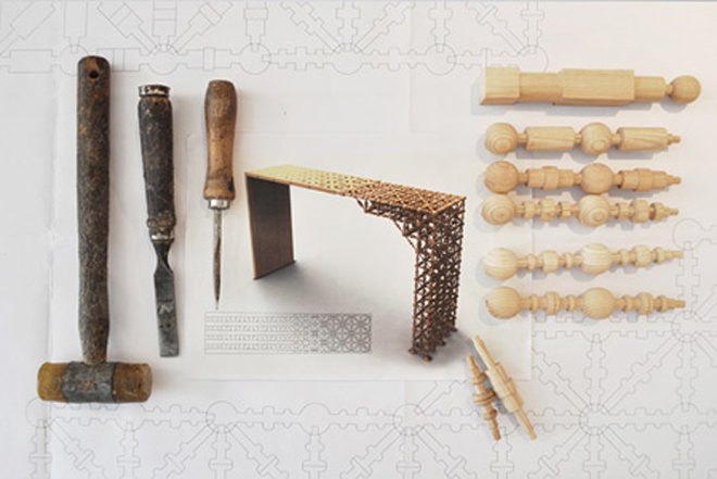 Mischer'traxler, Gradient Mashrabiya, oak, table, wooden table, Mashrabiyas, traditional crafts, Middle East, green furniture, Green Materials
