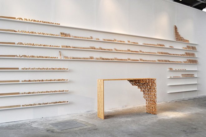 Mischer'traxler, Gradient Mashrabiya, oak, table, wooden table, Mashrabiyas, traditional crafts, Middle East, green furniture, Green Materials