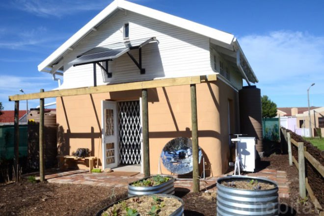SEED, post-carbon homestead, Cape Town, South Africa, RDP Housing, solar-energy, clean tech, recycled materials, tires, shipping pallets, Rocklands Primary School, passive design, solar-cooker, photovoltaic panels, green design, sustainable design, eco-design, post-carbon design