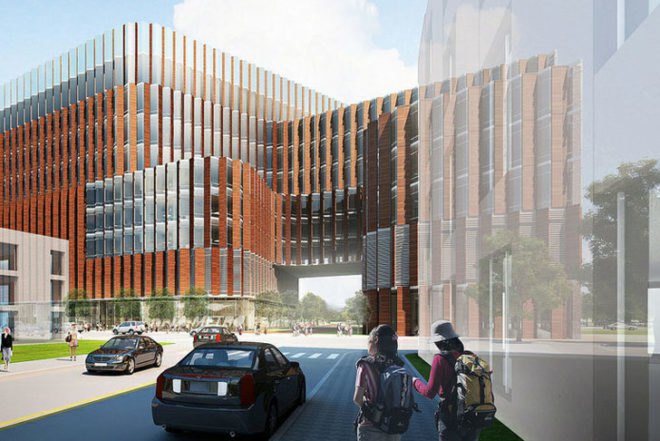 HOK Architects, SUNY Buffalo, medical school, design competition, LEED Gold, transit-oriented development