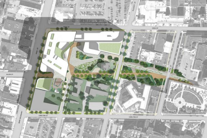 HOK Architects, SUNY Buffalo, medical school, design competition, LEED Gold, transit-oriented development