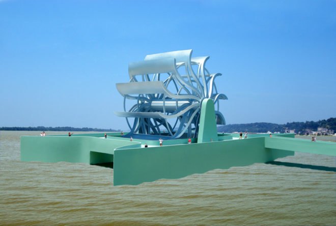 great river turbine, michael jantzen, green architecture, hydroelectric power, renewable energy, sustainable architecture, green design, sustainable design, clean technology, clean energy, water wheel power