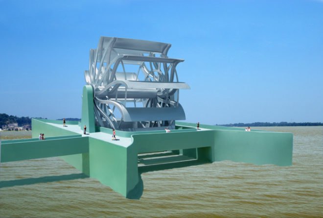 great river turbine, michael jantzen, green architecture, hydroelectric power, renewable energy, sustainable architecture, green design, sustainable design, clean technology, clean energy, water wheel power