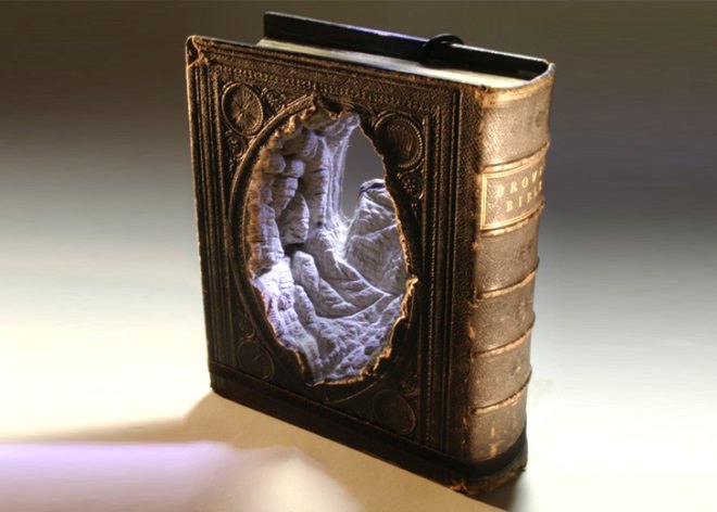 Guy Laramee, Guan Yin, book carvings, mountains, topographic, recycled books, art, Recycled Materials
