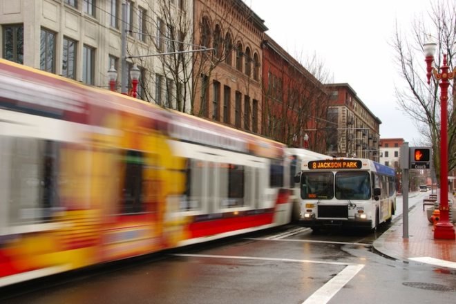 Buses driving in the city
