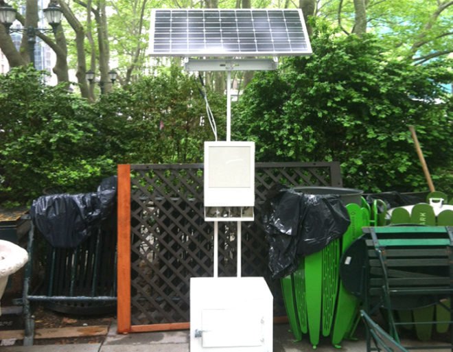 green design, eco design, sustainable design, Bryant Park, Solar power, solar powered charging station, Green Barrel Energy, Occupy Wall Street, Tommy Mitchell, Cell phone charging stations, Bryant Park