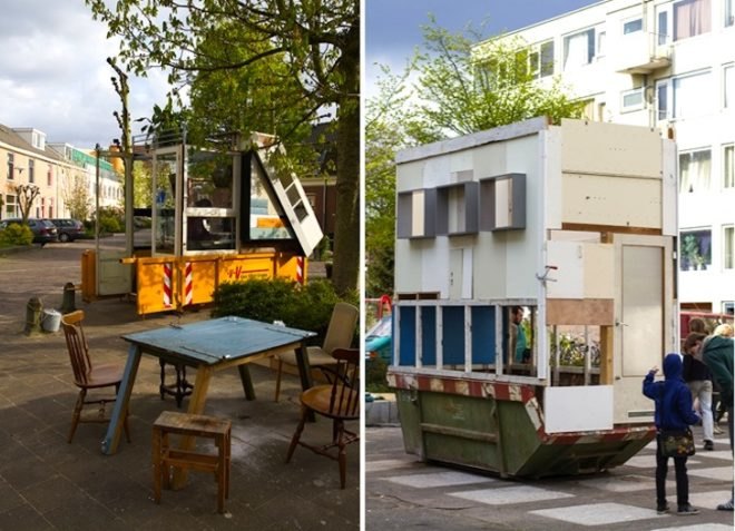 Straatlokaal, Foundation Projects, Rikkert Paauw, Jet van Zwieten, recycled materials, found materials, trash, skips, refuse, Utrecht, Neude Square, The Netherlands, urban design, green design, sustainable design, eco-design