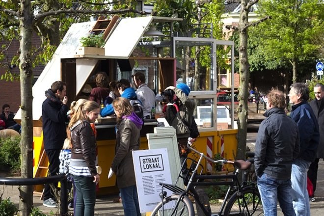 Straatlokaal, Foundation Projects, Rikkert Paauw, Jet van Zwieten, recycled materials, found materials, trash, skips, refuse, Utrecht, Neude Square, The Netherlands, urban design, green design, sustainable design, eco-design