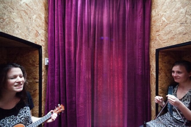 Aberrant Architecture, Tiny Traveling Theater, mobile theater, mini theater, Thomas Britton, coal scuttles, recycled materials, green design, sustainable design, eco-design, art, theater, natural light, skylights