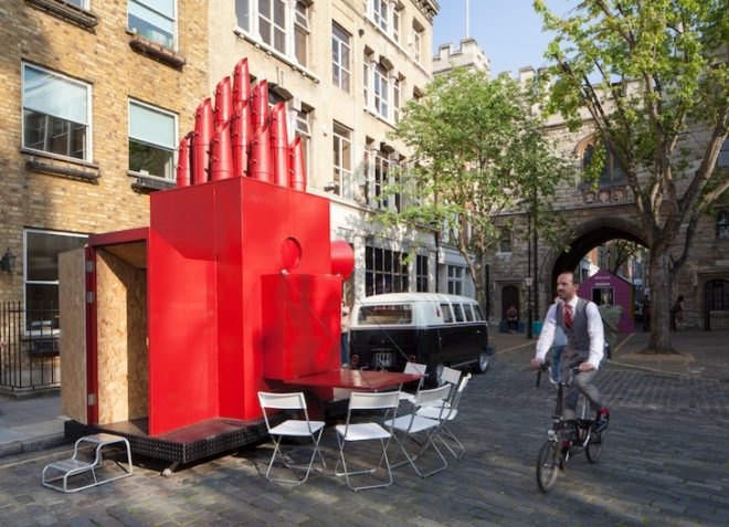 Aberrant Architecture, Tiny Traveling Theater, mobile theater, mini theater, Thomas Britton, coal scuttles, recycled materials, green design, sustainable design, eco-design, art, theater, natural light, skylights
