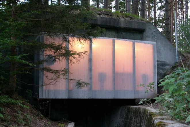 Atelier-f, Cultural Center, Switzerland, Angebauter Tarnrucksack, recycled military shelter, bunker, cable car station, Architecture, Green Materials, locally sourced wood